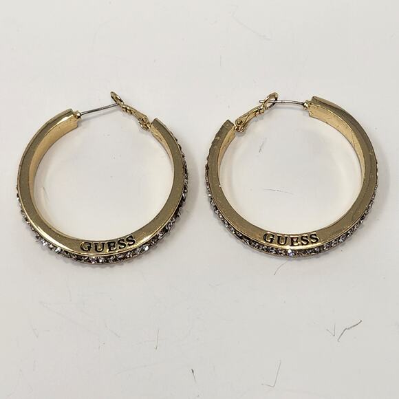 Guess Gold Tone Clear Crystal Pave Large Hoop Earrings Logo Chunky Statement - Picture 4 of 6